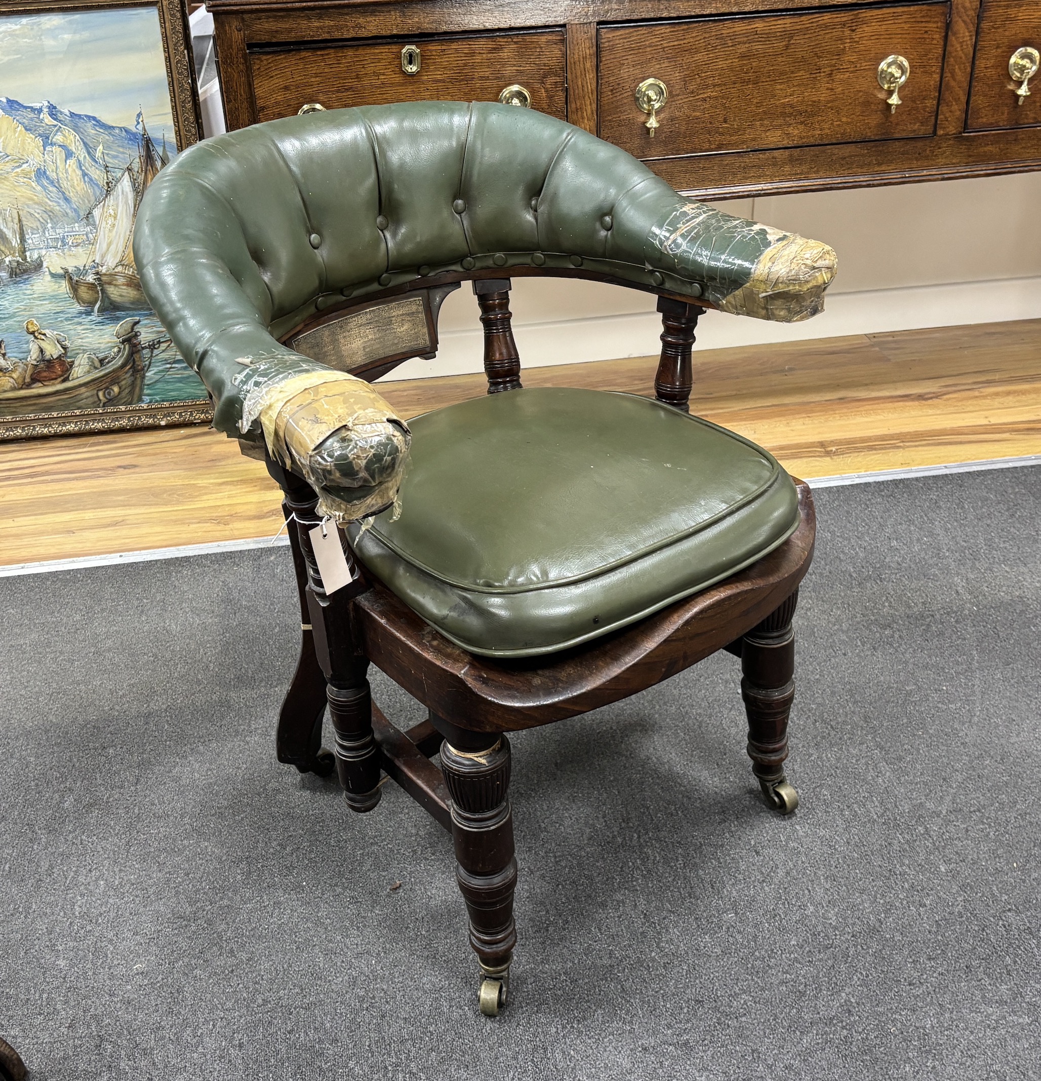 A late Victorian mahogany pedestal desk, width 118cm, depth 65cm, height 148cm, Provenance: Pickersgill, Labour MP and an associated late Victorian mahogany office elbow chair, provenance as above